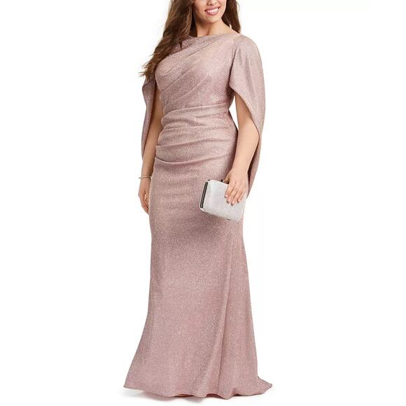 Betsy & Adam Plus Size Galaxy Glitter Draped Gown White 14W - Picture 1 of 8